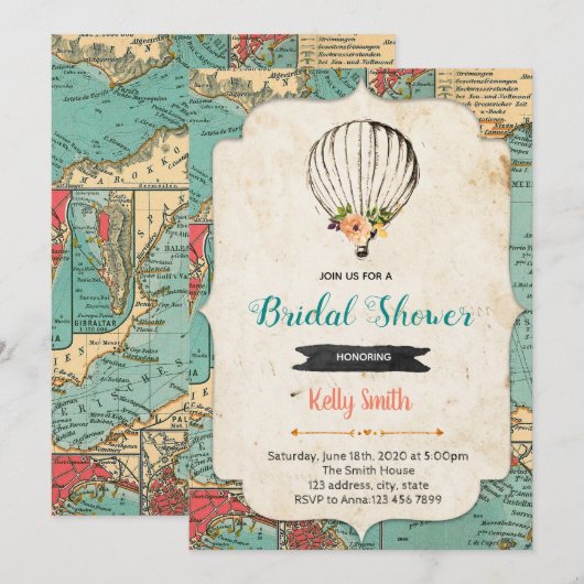 Oude kaart hot air ballon feest uitnodiging (Voorkant / Achterkant)