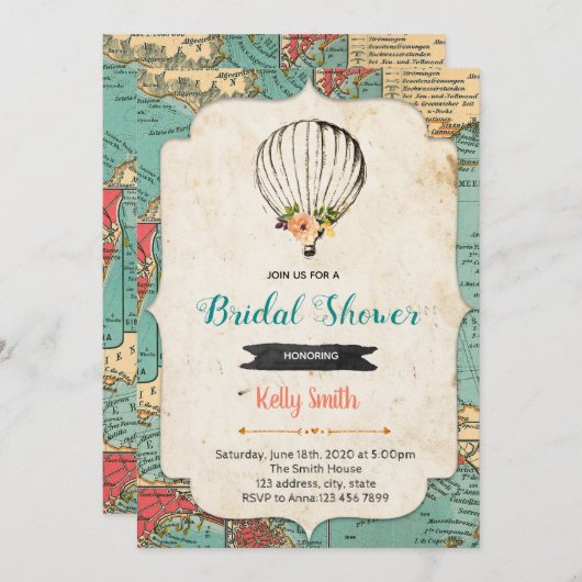 Oude kaart hot air balloon feest uitnodiging (Voorkant / Achterkant)