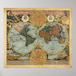 Oude kaart van de Wereld 1716 Medieval poster prin