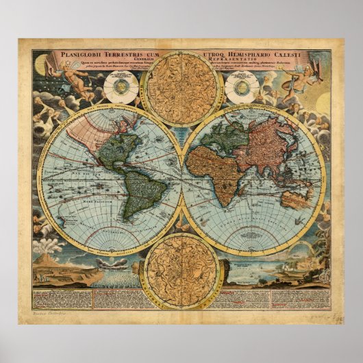 Oude kaart van de Wereld 1716 Medieval poster prin (Voorkant)