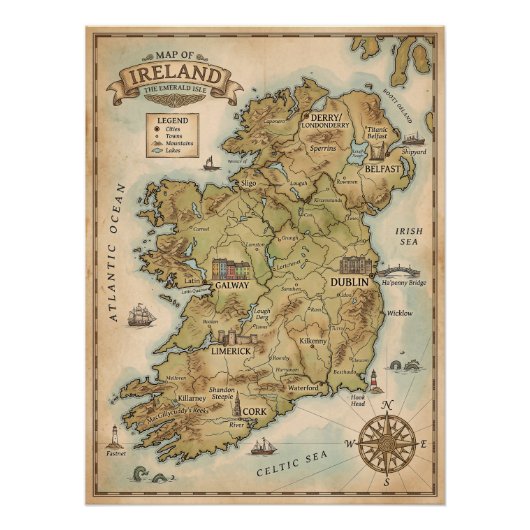 Oude kaart van Ierland - The Emerald Isle Poster (Voorkant)