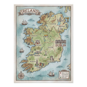Oude kaart van Ierland - The Emerald Isle Poster