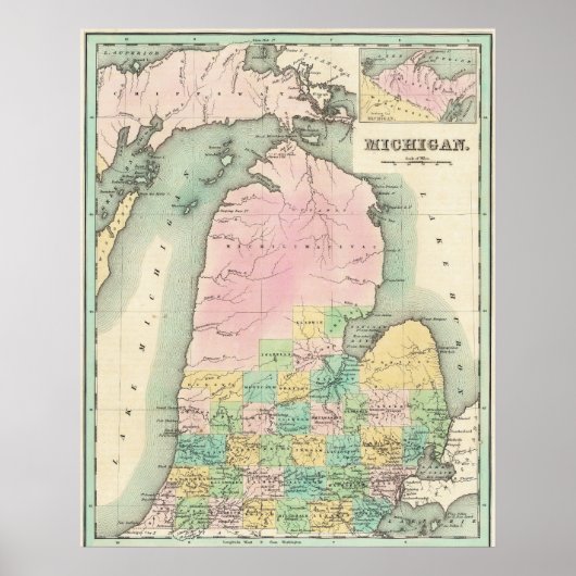 Oude kaart van Lake Michigan 1838 Poster (Voorkant)