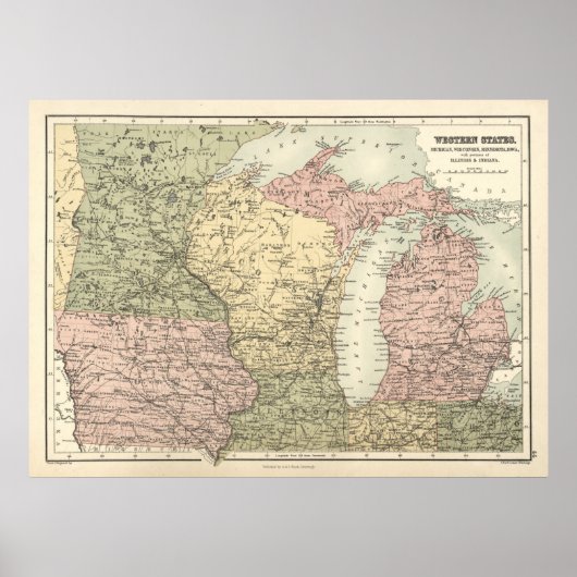 Oude kaart van Midwest staten, 1837. Poster (Voorkant)