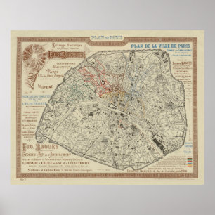 Oude kaart van Parijs Frankrijk (1895) Poster