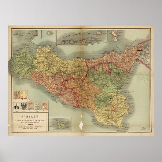 Oude kaart van Sicilië vanaf 1900 (carta Sicilia) Poster (Voorkant)