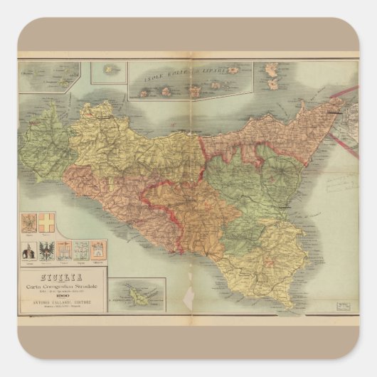 Oude kaart van Sicilië vanaf 1900 (carta Sicilia) Vierkante Sticker (Voorkant)