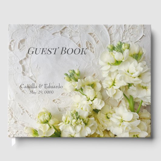 Oude kant met witte bloemen bruiloft gastenboek (Voorkant)