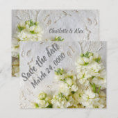 Oude kant met witte bloemen save the date (Voorkant / Achterkant)