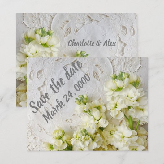 Oude kant met witte bloemen save the date (Voorkant / Achterkant)