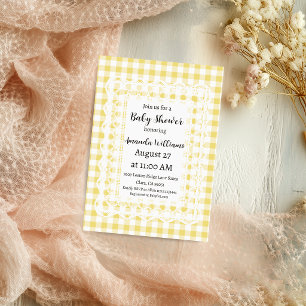 Oude Kanten Gele Gingham Baby Shower Kaart