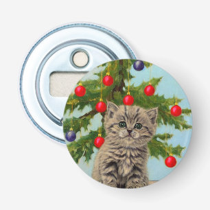 Oude kat en kerstboom button flesopener