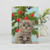 Oude kat en kerstboom feestdagenkaart (Staand voorkant)