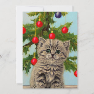 Oude kat en kerstboom feestdagenkaart