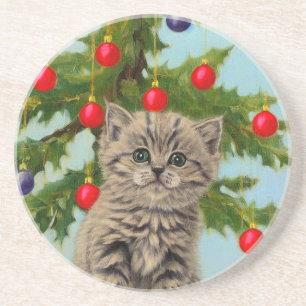 Oude kat en kerstboom zandsteen onderzetter