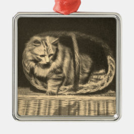 Oude kat in een mand metalen ornament