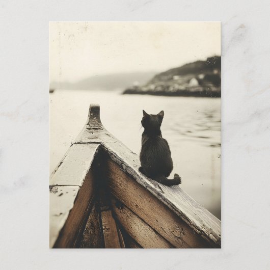 Oude kat op boot sepia tint briefkaart (Voorkant)