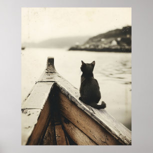 Oude kat op boot sepia tint poster