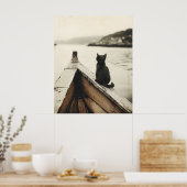 Oude kat op boot sepia tint poster (Keuken)