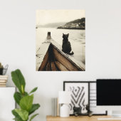 Oude kat op boot sepia tint poster (Thuiskantoor)