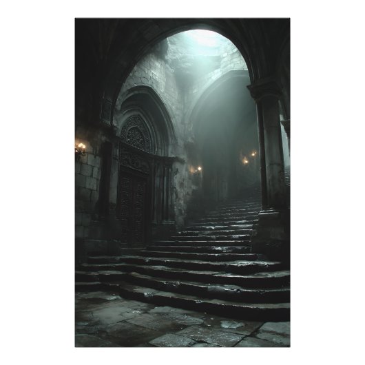 Oude Kathedraal Trap Mist Licht Foto Afdruk (Voorkant)