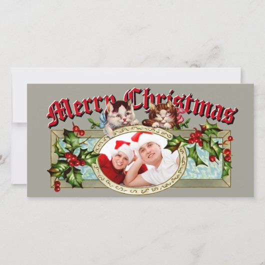 Oude katjes en kerstholbessen foto feestdagenkaart (Voorkant)