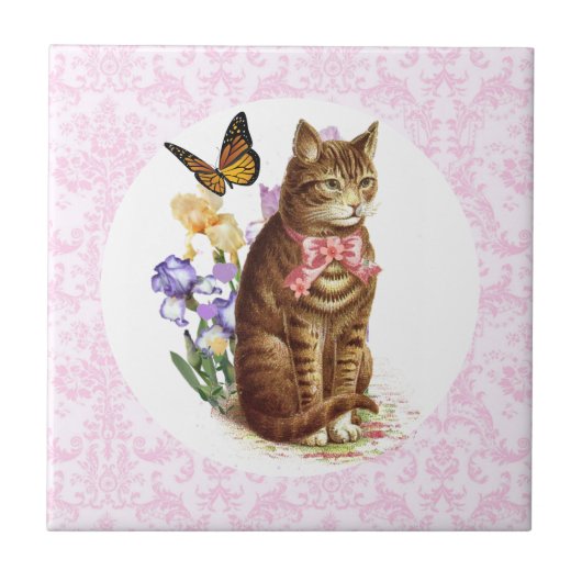 Oude Katten Iris Bloemen en Vlinder Tegeltje (Voorkant)