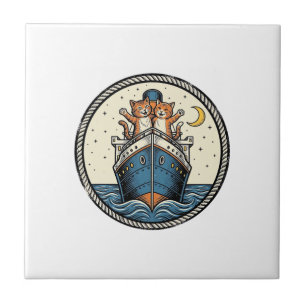 Oude katten op oceaanlijner schip kunst shirt ontw tegeltje