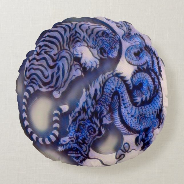Oude keizer Tiger Dragon Yin Yang Rond Kussen (Voorkant)