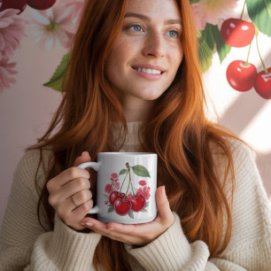 Oude kersen met roze bloemen, bloemig fruit koffiemok