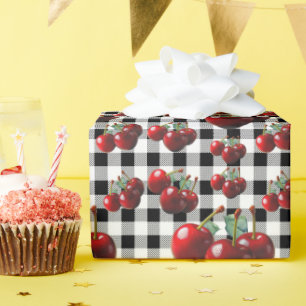 Oude Kersen zwart wit gingham Cadeaupapier