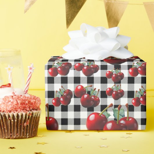 Oude Kersen zwart wit gingham Cadeaupapier (Verjaardagsfeest)