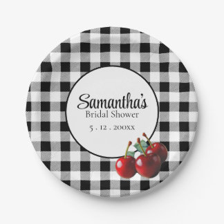 Oude Kersen zwart wit gingham Papieren Bordje