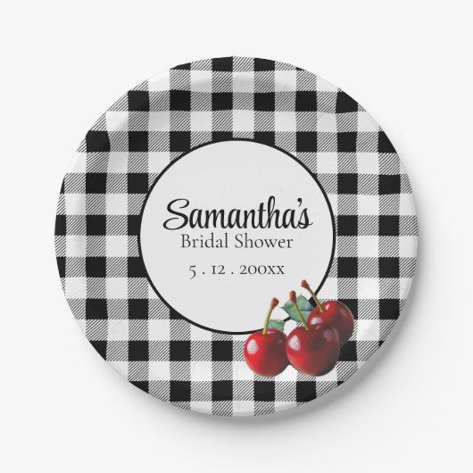 Oude Kersen zwart wit gingham Papieren Bordje (Voorkant)