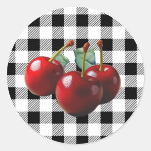 Oude Kersen zwart wit gingham Ronde Sticker