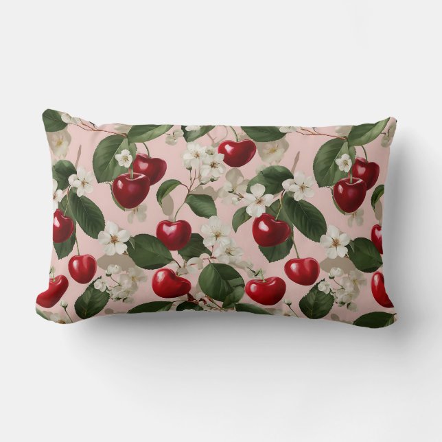 Oude Kersenbloesem Botanische Roze Rode Patroon Kussen (Voorkant)