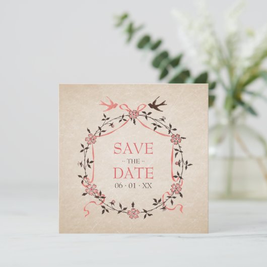 Oude kersenbloesem zwaluwen save the date kaart (Staand voorkant)