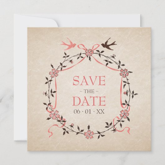 Oude kersenbloesem zwaluwen save the date kaart (Voorkant)