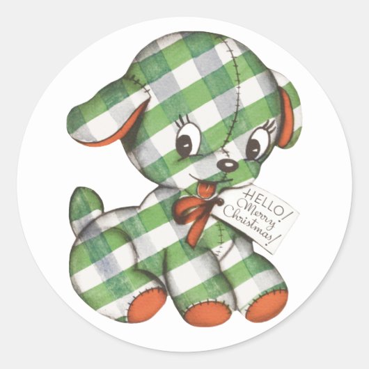 Oude Kerst Gingham Hond Knuffeldier Ronde Sticker (Voorkant)