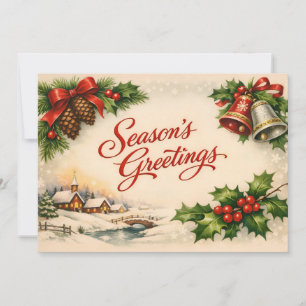 Oude kerst hulst bes, dorp, bellen feestdagenkaart