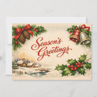 Oude kerst hulst bes, dorp, bellen feestdagenkaart