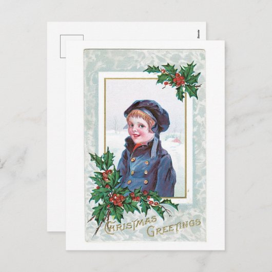 Oude kerst, jongen feestdagenkaart (Voorkant / Achterkant)