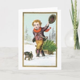 Oude kerst, jongen met puppy feestdagen kaart