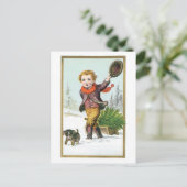 Oude kerst, jongen met puppy feestdagenkaart (Staand voorkant)