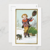 Oude kerst, jongen met puppy feestdagenkaart (Voorkant / Achterkant)
