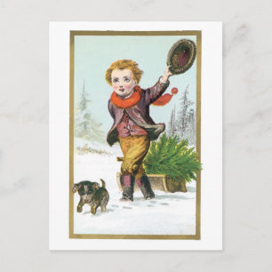 Oude kerst, jongen met puppy feestdagenkaart