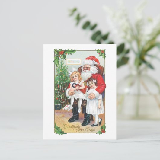 Oude kerst, Kerstman met meisjes Feestdagenkaart (Staand voorkant)