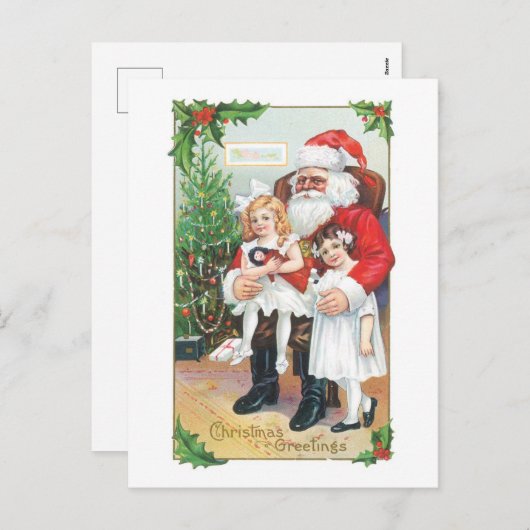 Oude kerst, Kerstman met meisjes Feestdagenkaart (Voorkant / Achterkant)