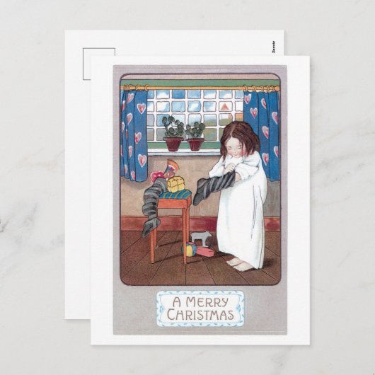 Oude kerst, meisje feestdagenkaart (Voorkant / Achterkant)