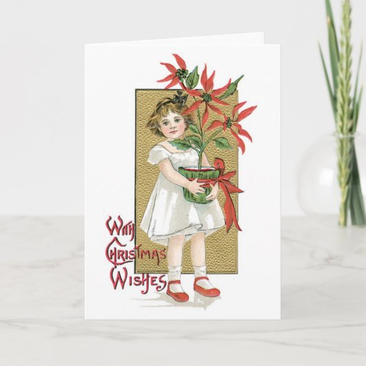 Oude kerst, meisje met Poinsettia Feestdagen Kaart (Voorkant)
